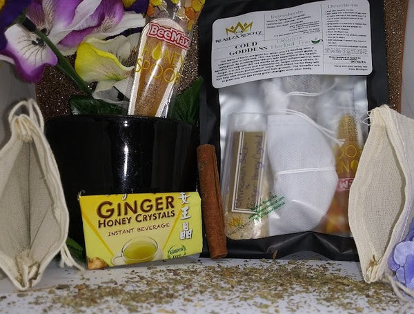 Have you been feeling under the weather and just need that right drink to sooth the throat, and remove the chills. Or maybe you want to warm your body and get rid of toxins, bacteria. Well Enjoy our Large Cold Goddess Tea. It comes with 2 Tea Bags, a ginger crystal / cinnamon stick combo, and 1 Honey Spoon. Don't fret about having a one time use. Our tea bags can be used more than once. So enjoy until the flavor is not to your liking. 